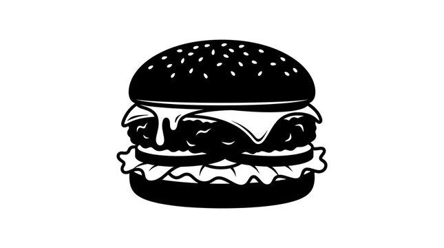 Black and white vector illustration of a classic cheeseburger with bun, meat patty, cheese, and lettuce. Perfect for fast food menus and retro diner logos.