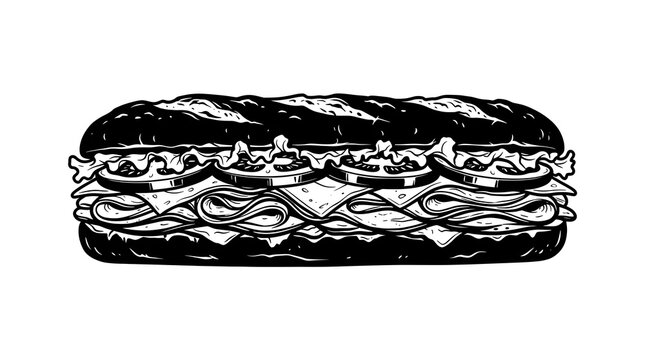 Detailed black and white vector graphic of a long submarine sandwich loaded with meat, cheese, tomatoes, and lettuce. Great for deli menus and food logos.