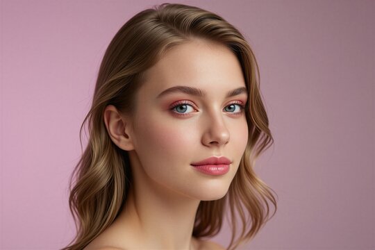 Young woman face, smooth skin, bright blue eyes, pink blush and lips makeup. Healthy blonde hair waves on pastel background. Pure natural beauty concept.
