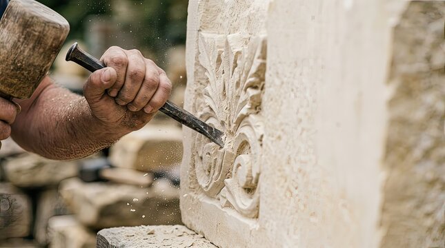artisan carving intricate design on stone with chisel and hammer