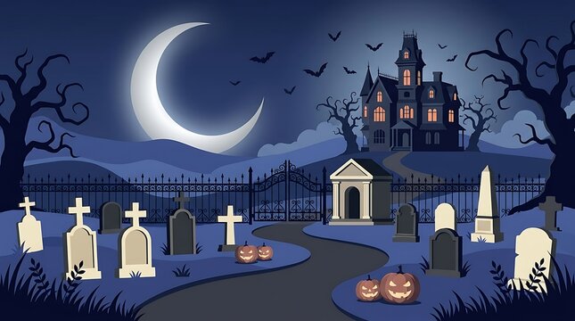 Spooky Halloween graveyard scene with full moon, haunted house, and jack-o'-lanterns at night