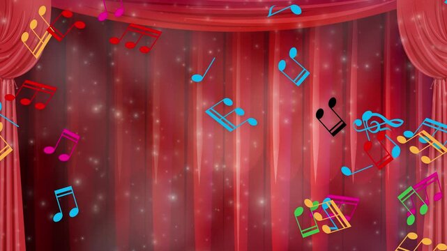 Colorful Music Notes Falling Over Red Theater Stage Curtains