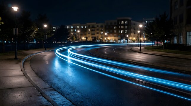 blue light trails from cars on a wet road at night with city lights