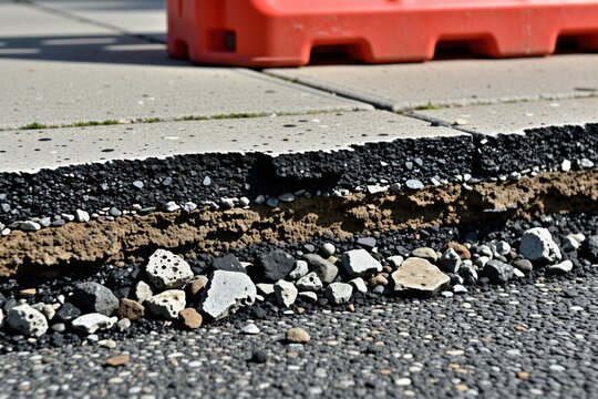 Cross section of asphalt sidewalk showing layered street structure with dark pavement, granular base stones. Road repair works featuring fresh construction materials in urban city setting. Industrial