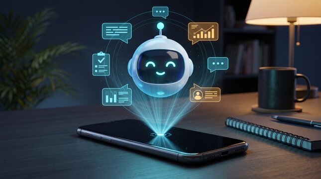 Artificial intelligence virtual assistant chatbot hovering over smartphone displaying modern customer support automation technology