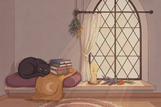 Cozy reading nook by arched window with white curtains, stacked books and black cat on cushion, warm sunlight in bedroom interior for lifestyle decor