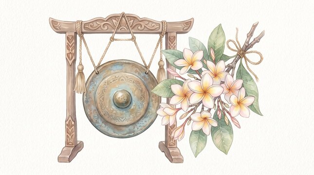 Watercolor illustration of a traditional oriental gong with frangipani flowers AIzaSyDDgoxrPgSbFCIAhSC8h0DcHjQgnK4Y0b8 zen garden art