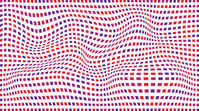 Abstract wavy grid pattern with blue and red squares abstract background