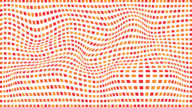 Abstract wavy grid pattern with orange and red squares abstract background