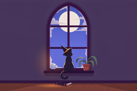 Cozy cartoon black cat sitting on windowsill at night, purple interior with moonlight through window, minimalist home illustration for storybook design