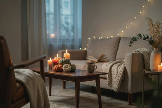 Cozy living room with glowing candles and fairy lights, beige sofa and pillows, warm evening home interior scene for relaxation and hygge decor