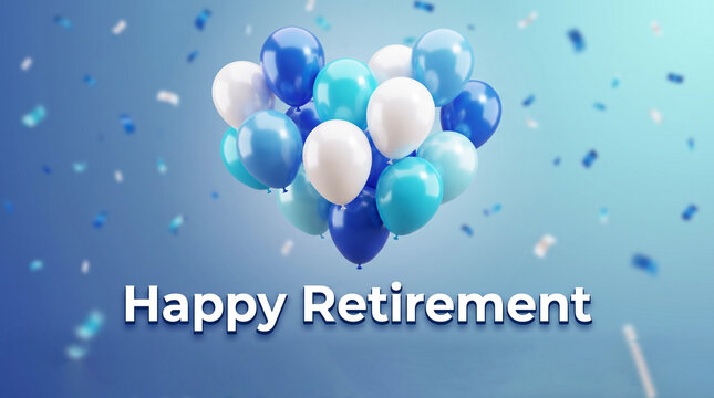 Happy retirement celebration text on blue background with scattered confetti