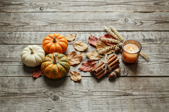 Rustic autumn flat lay with pumpkins, dried leaves and pecans on weathered wooden table, warm fall still life for seasonal food and decor marketing