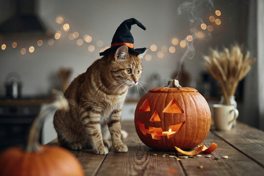 Tabby cat wearing witch hat beside carved jack o lantern pumpkin on wooden table, cozy warm bokeh lights at home for Halloween decoration