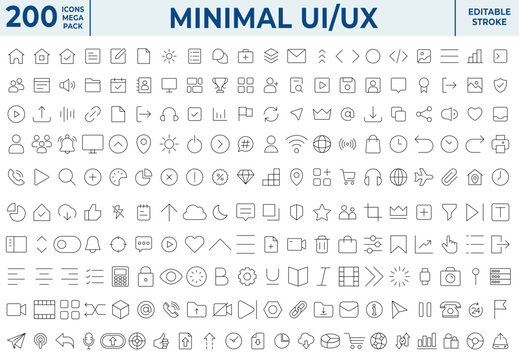 Minimal UI UX line icon mega pack. Features 200 editable outline symbols including home, settings, user, search, mail, and folder. Modern clean linear design for mobile app and web design.