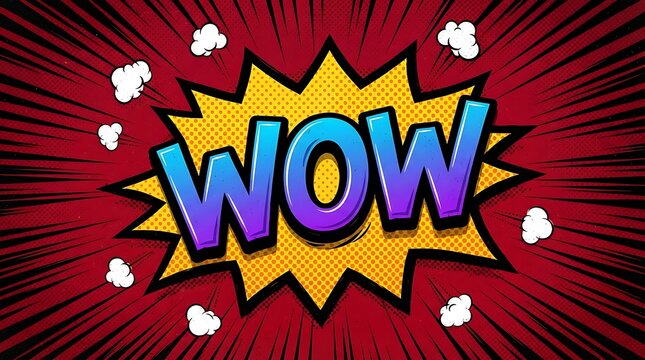 Comic book style wow speech bubble with halftone pattern and speed lines