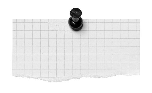 Ruled pinned torn paper note with pin or thumbtack with copy space for text, isolated cut out transparent png background design element