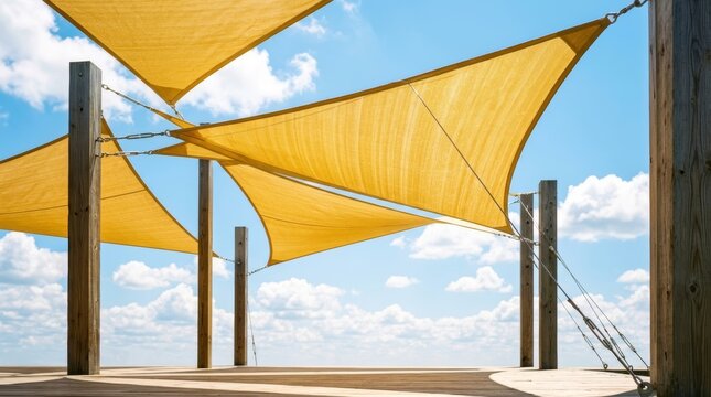 Shade pergola cooling solution - yellow shade sails and wooden posts for reducing outdoor temperature and creating cool shaded area