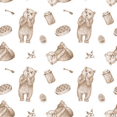 Hand drawn pencil pattern with baby bears and teatime treats. An illustration for menus, café wallpaper, textiles and packaging. © andrey