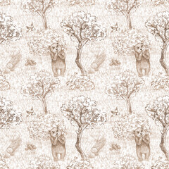Hand drawn pencil pattern with a bear cub in the forest. A children's style illustration for wrapping paper, packaging, wallpaper and textiles. © andrey