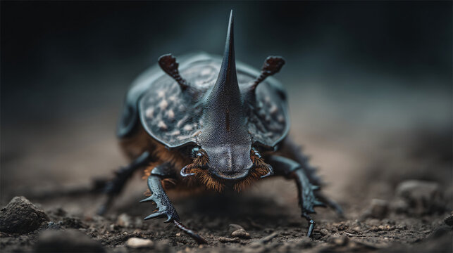 Dung Beetle's World: A detailed close-up of a powerful dung beetle with prominent horns, its segmented body and armored exoskeleton clearly visible as it navigates the earthy terrain.