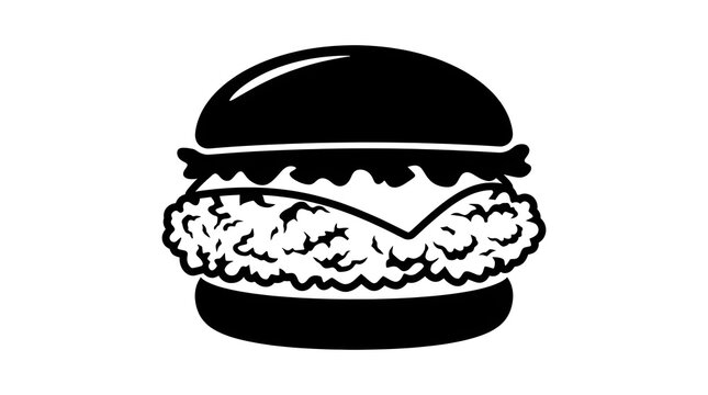 Black and white vector illustration of a crispy fried chicken burger with cheese. Minimalist silhouette design for fast food concepts