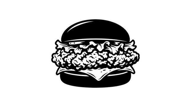 Detailed black and white vector illustration of a crispy fried chicken sandwich with lettuce and cheese. Monochrome fast food graphic.