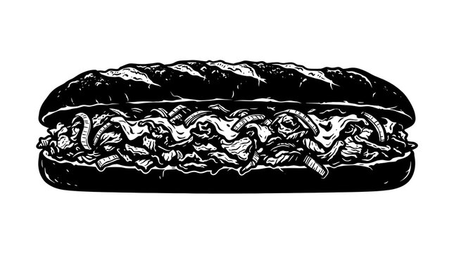 Black and white vector artwork of a submarine sandwich filled with pulled meat, cheese, and onions. Monochrome hoagie illustration