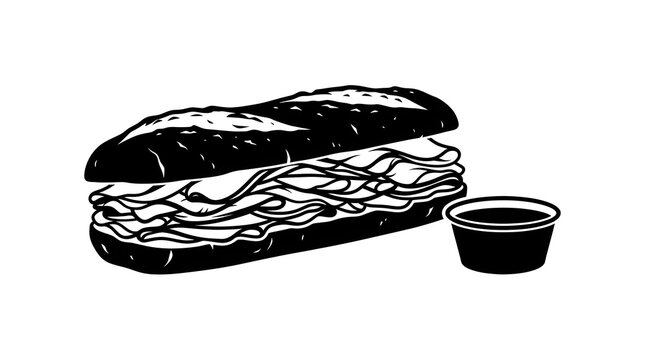 Monochrome vector illustration of a deli meat submarine sandwich served with a small cup of dipping sauce. Black and white food graphic