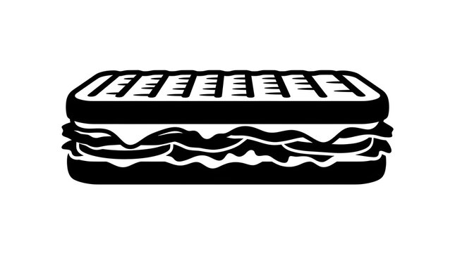 Black and white vector illustration of a grilled panini sandwich with grill marks, cheese, and meat. Monochrome cafe food graphic.