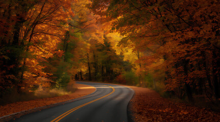Naklejka premium Winding Road Through Vibrant Autumn Forest