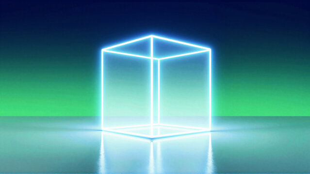 Glowing Neon Cube Frame Structure on Gradient Reflective Surface