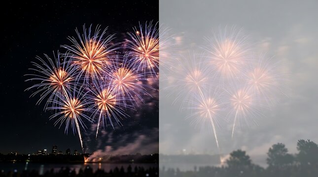 Golden and purple fireworks exploding against a night sky, vibrant full-frame photo, starburst explosions with bright sparks, celebration mood, party concept, celebration display