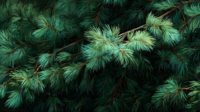 Pine-like evergreen branch close-up with soft needles and dark background