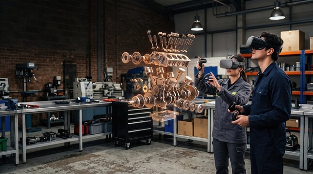 Automotive students inspect a virtual engine assembly in VR