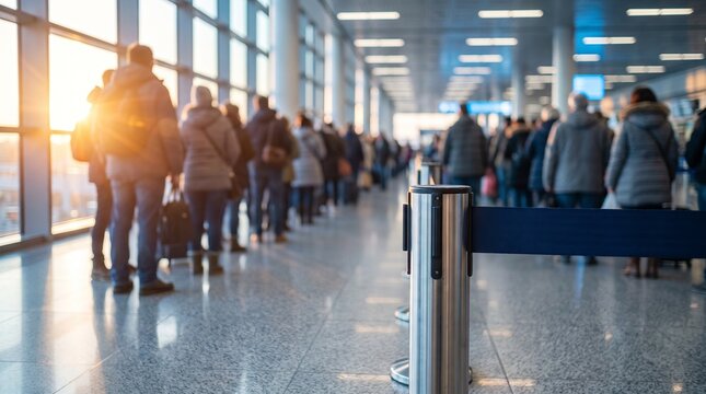 Crowded airport terminal with passengers waiting in line, travelers standing in long queue at check-in gate, busy modern transport hub at sunset