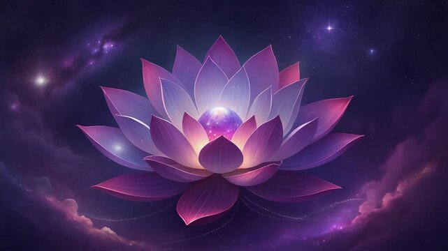 Beautiful glowing purple lotus flower with cosmic galaxy background and mystical glowing orb in center