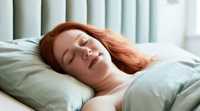 Young red-haired woman sleeping peacefully on a pale sage-green pillow in a modern bedroom with soft duvet and light-colored walls