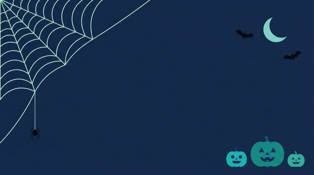 Halloween background with a spider web in the corner a crescent moon and three cute carved pumpkins below