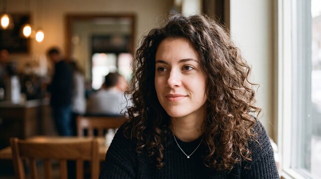 Curly haired woman sitting in cafe, young female with natural brunette hair in coffee shop, thoughtful person in cozy restaurant