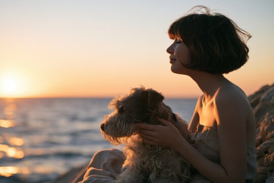 Woman with short dark-brown bob sitting on rocky seashore at sunset, gently resting hand on medium-sized wire-haired terrier, enjoying tranquil companionship