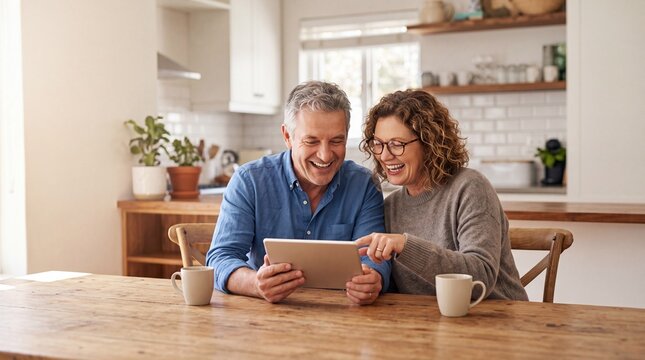 Happy senior couple using digital tablet in kitchen, mature man and woman browsing internet at home, retired people with technology