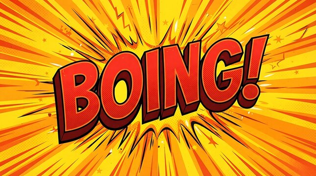 Comic book style explosive boing sound effect with radial lines and halftone pattern