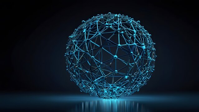 3D wireframe digital sphere network of connected glowing dots and lines on dark technology background for modern digital stock photo website background header visual presentation