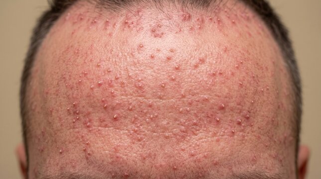 Extreme Close-Up Shot of Male Forehead Covered with Severe Folliculitis Pustules and Redness