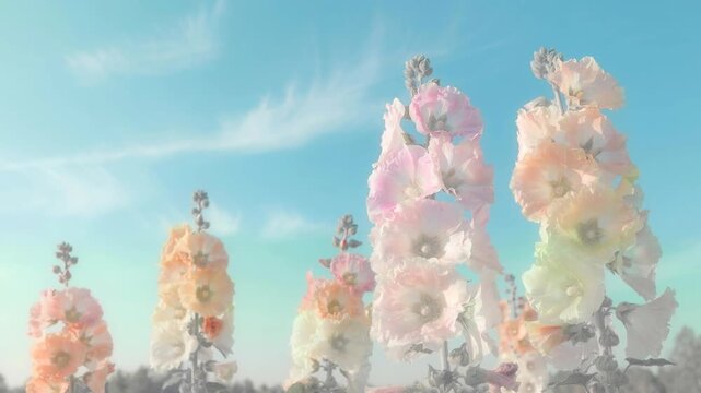 Soft pastel hollyhock flowers blooming under bright blue sky in a serene garden setting