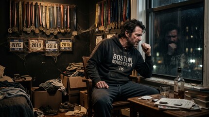 Naklejka premium Man wearing boston marathon hoodie sitting in his home office