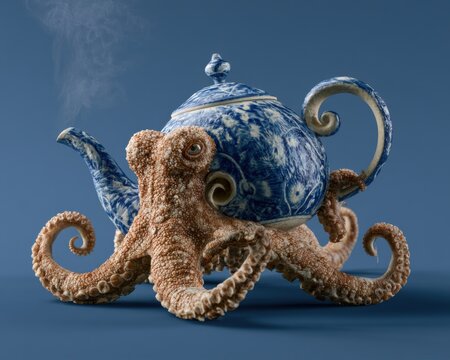 Blue Ceramic Teapot Designed Like an Octopus