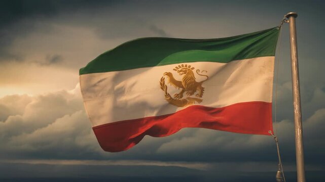 Vintage Persian flag waving against dramatic cloudy sky with sunset light and historic lion emblem