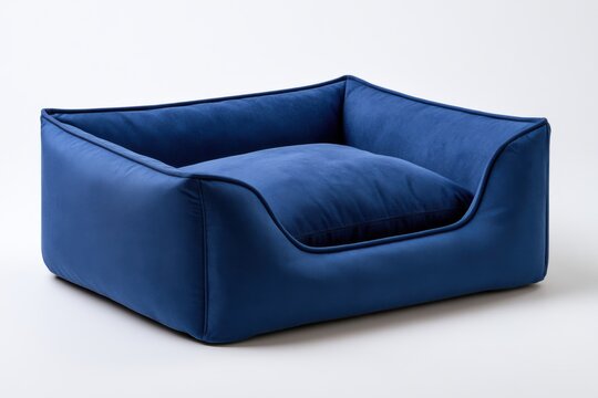 Rectangular pet bed upholstered in rich royal-blue microfiber fabric with thick padded side walls, rounded corners, and a plush removable cushion inside